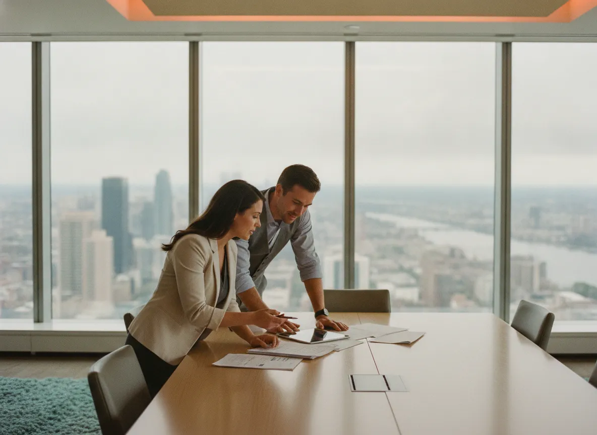 Two acquisition professionals reviewing a deal
