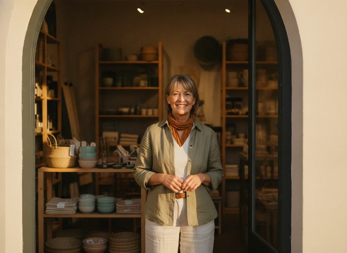 A family business owner in the doorway of their shop